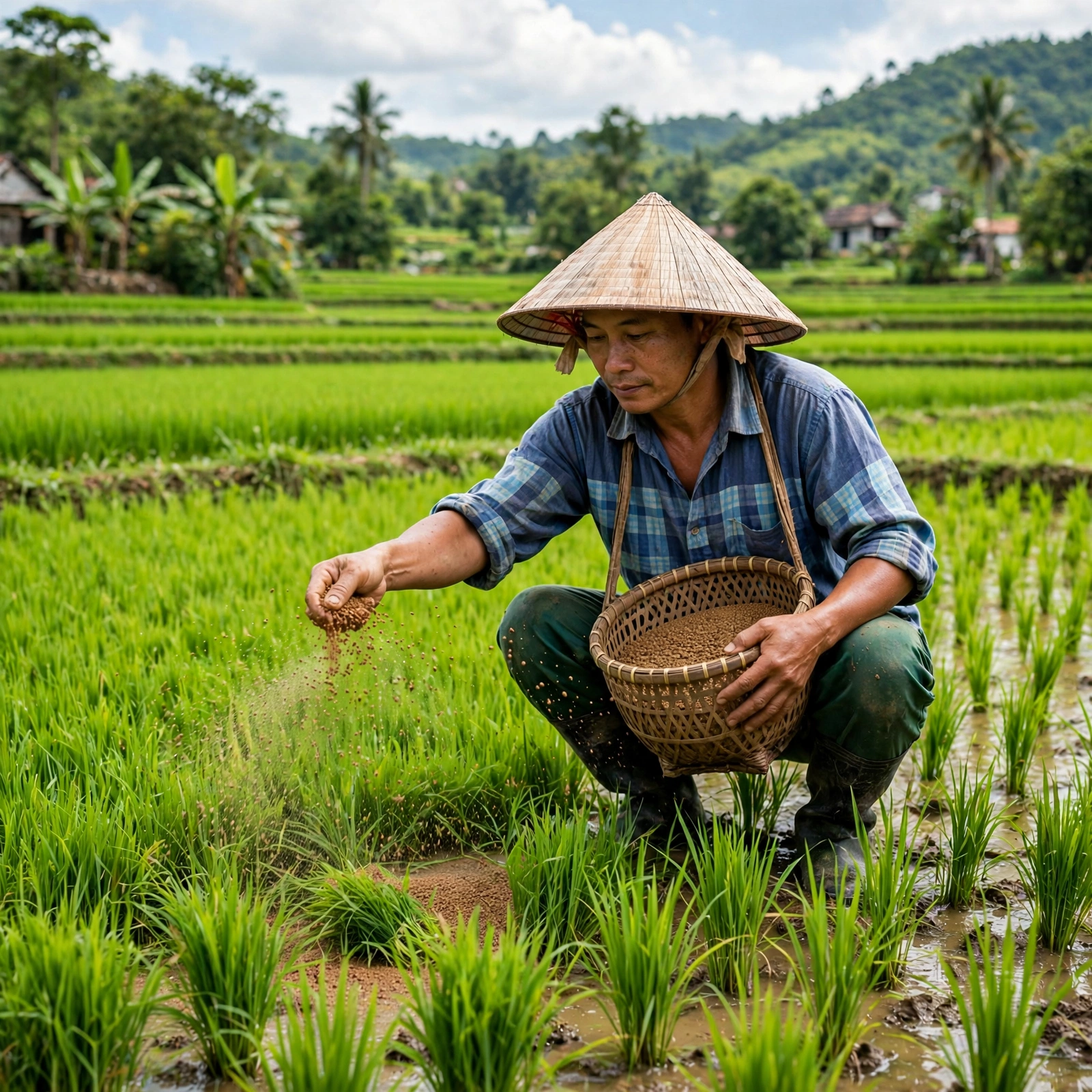 Nhà nông rải phân bón NPK G.A 01 quanh gốc cây và tưới nước sau khi bón