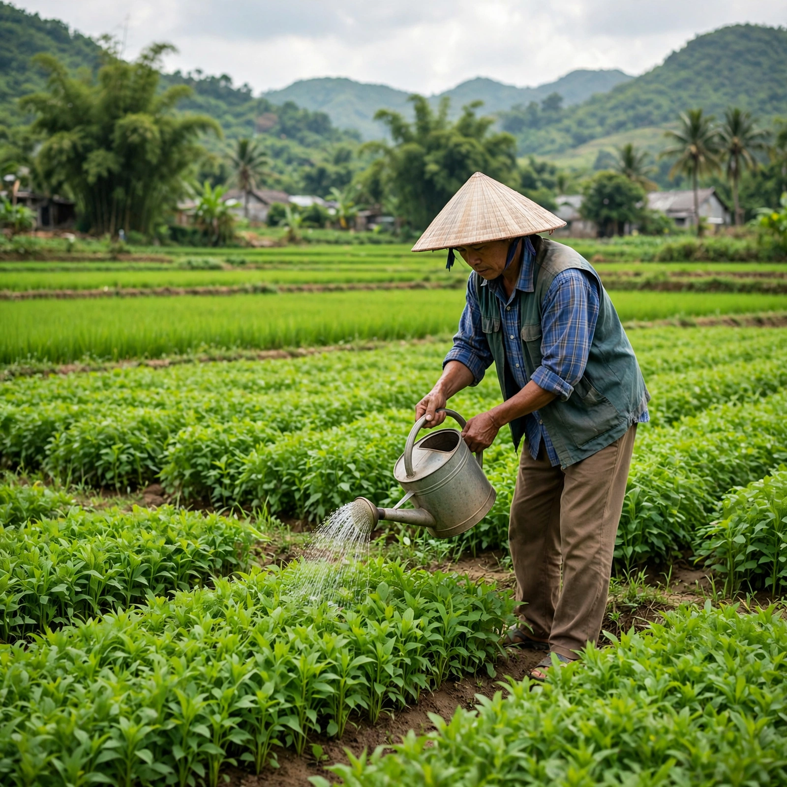 Pha phân bón dạng lỏng G.A 02 với nước và tưới vào gốc cây ăn trái