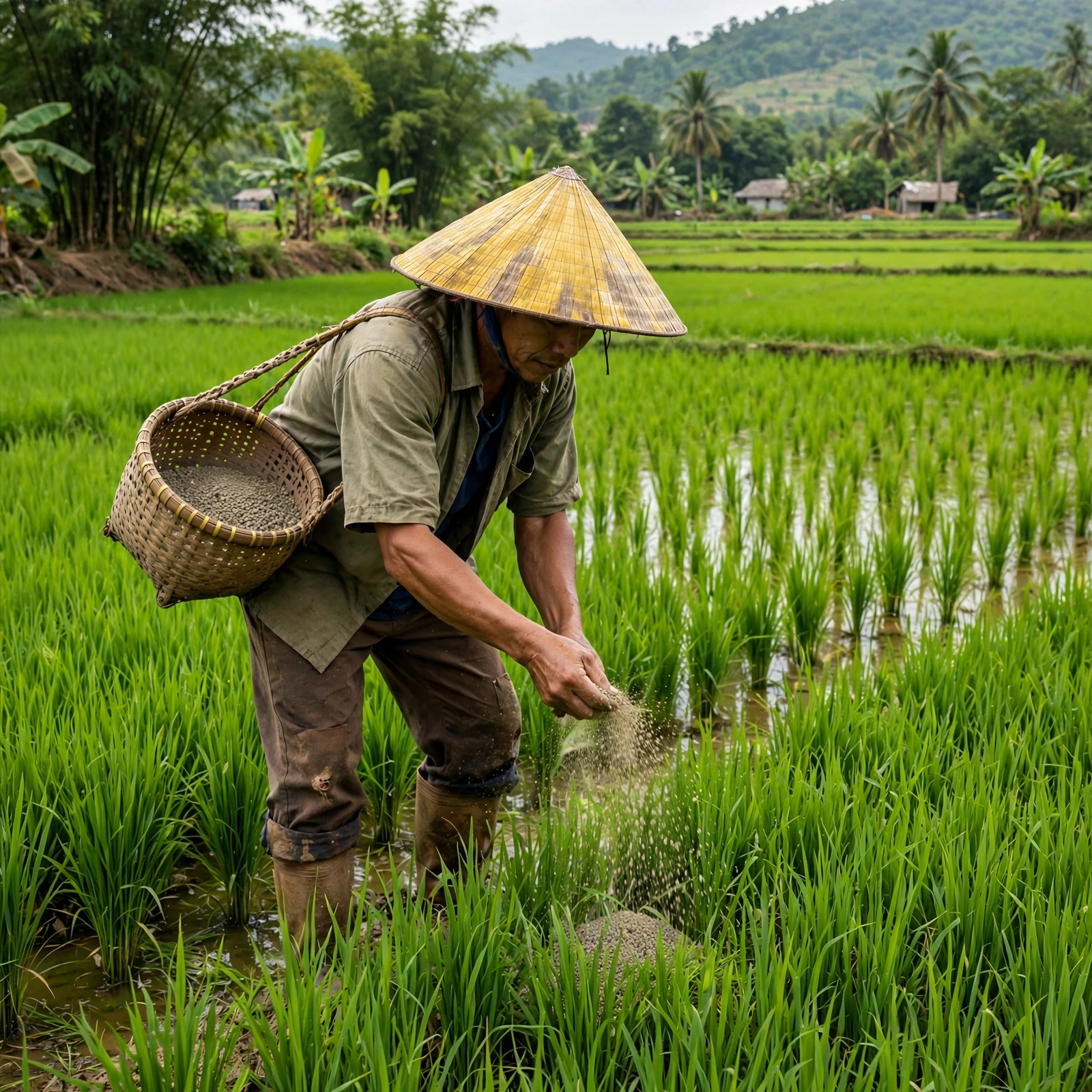 Nhà nông tưới phân bón PK G.A 08 cho cây ăn trái giai đoạn trái lên màu