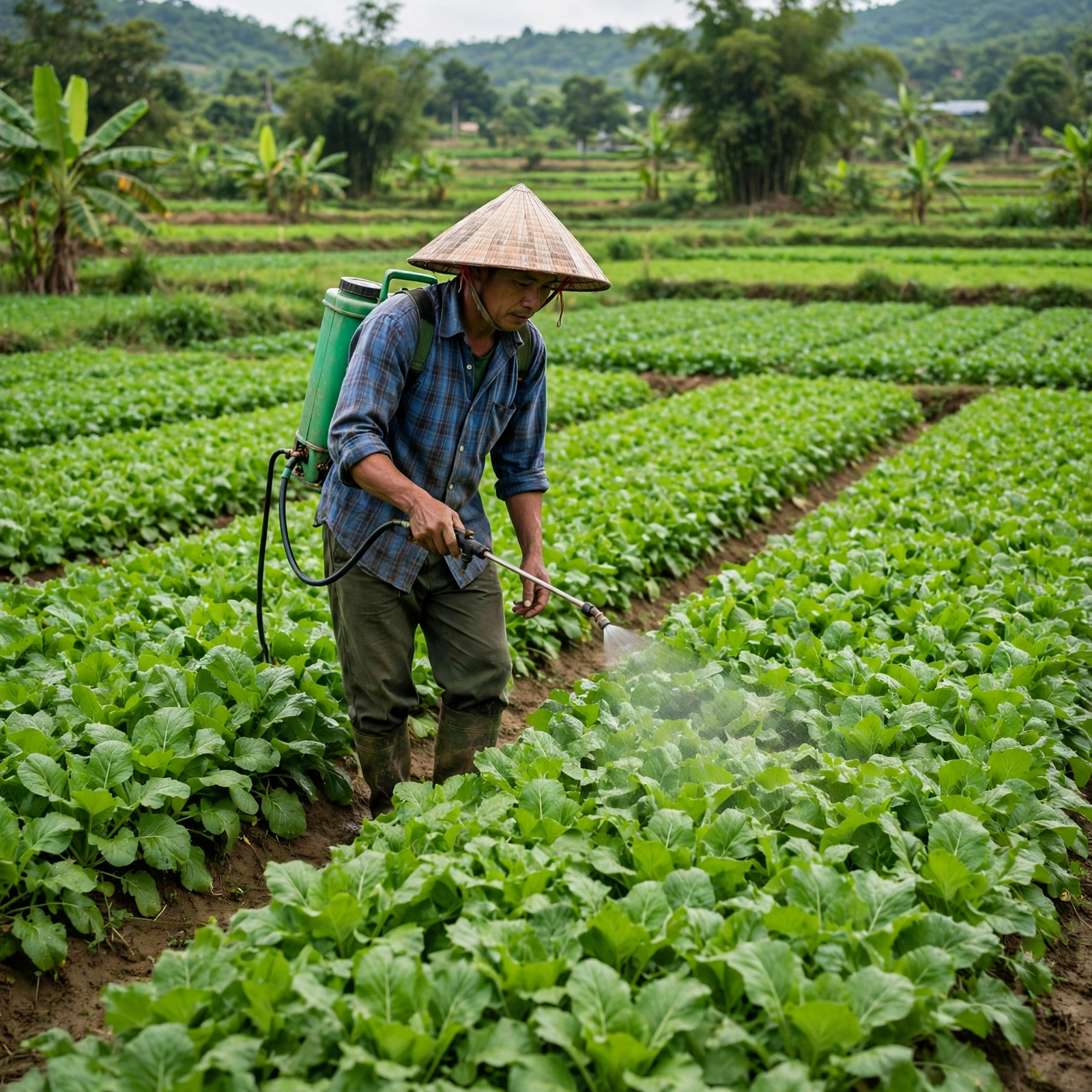 Nhà nông pha phân bón G.A 09 với nước và tưới vào gốc cây ăn trái