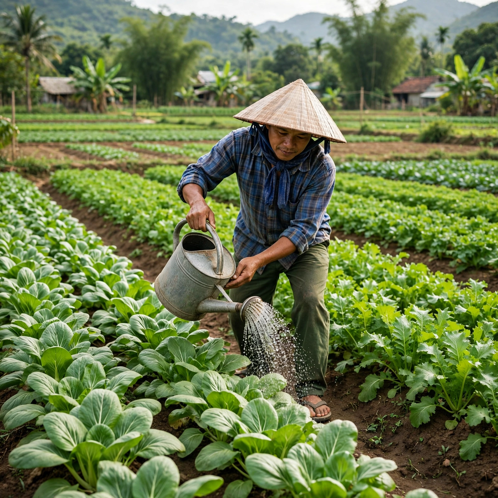 Người nông dân tưới dung dịch phân bón NPK G.A 10 quanh gốc cây trong vườn
