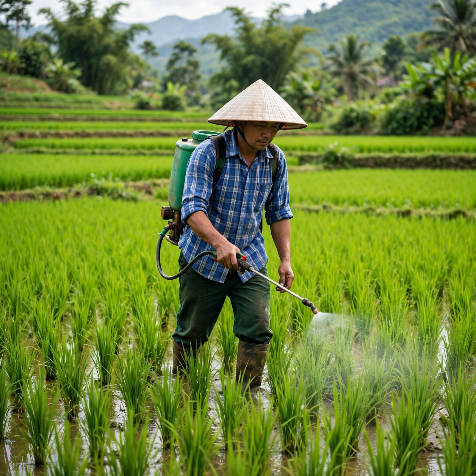Nhà nông pha phân bón G.A 14 với nước và tưới vào gốc cây ăn trái trong vườn
