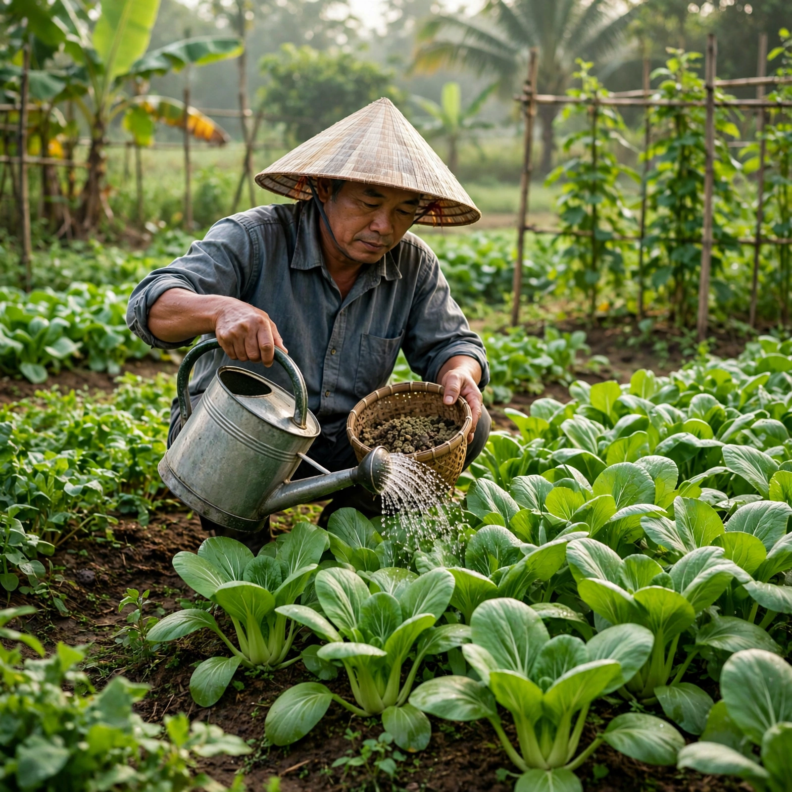 Người nông dân tưới dung dịch phân vi lượng G.A 17 quanh gốc cây để bổ sung đồng cho cây