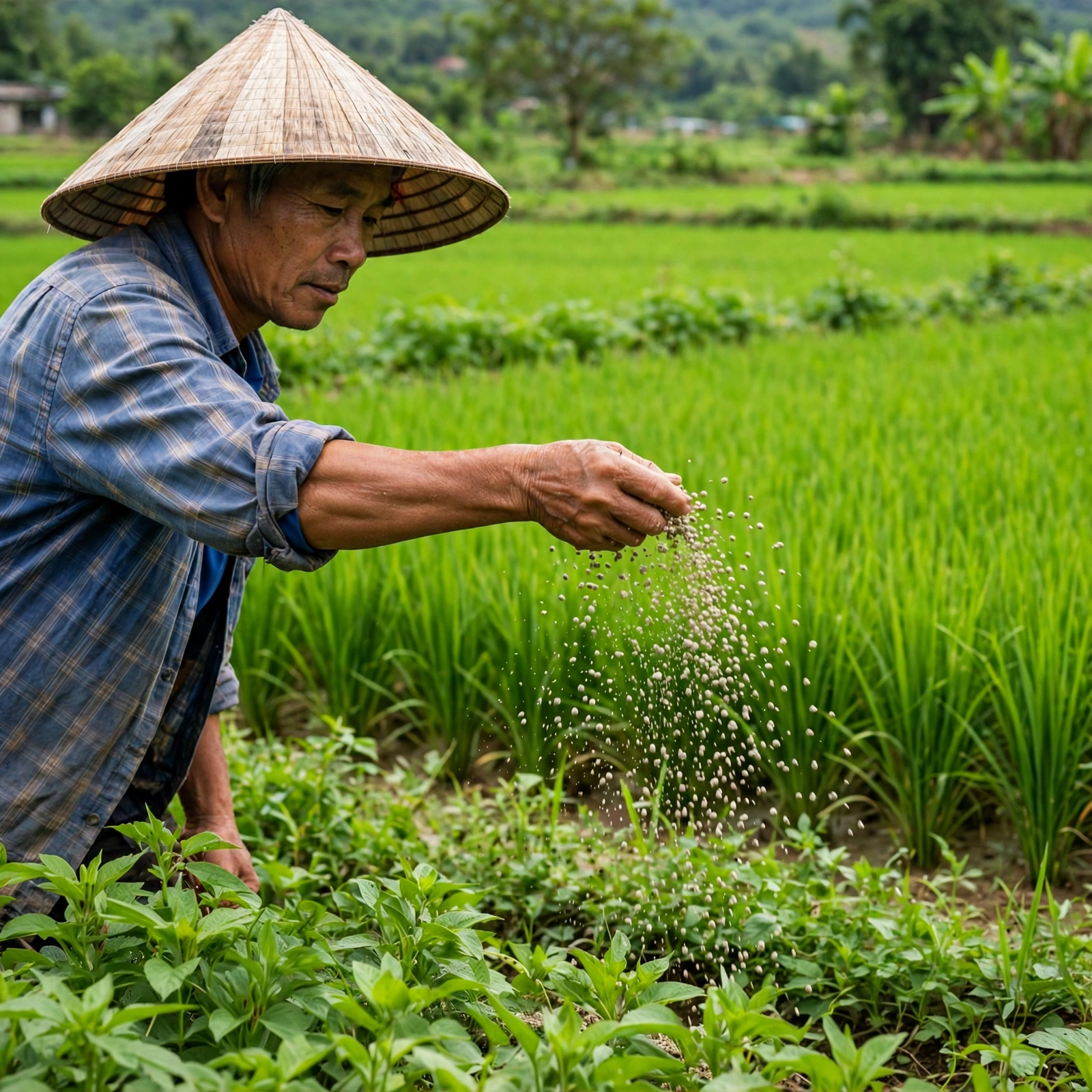 Nông dân rải phân bón NK G.A 19 quanh gốc cây ăn trái và tưới nước sau khi bón